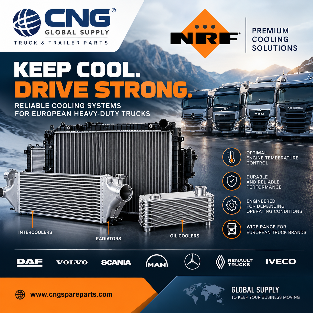 NRF cooling system components, radiator, intercooler, turbocharger, coolant pump, oil cooler, retarder cooler